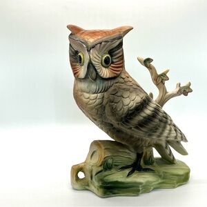 Vintage Great Horned Owl Ceramic Figurine Enesco Japan E-1450 8”x6” EUC